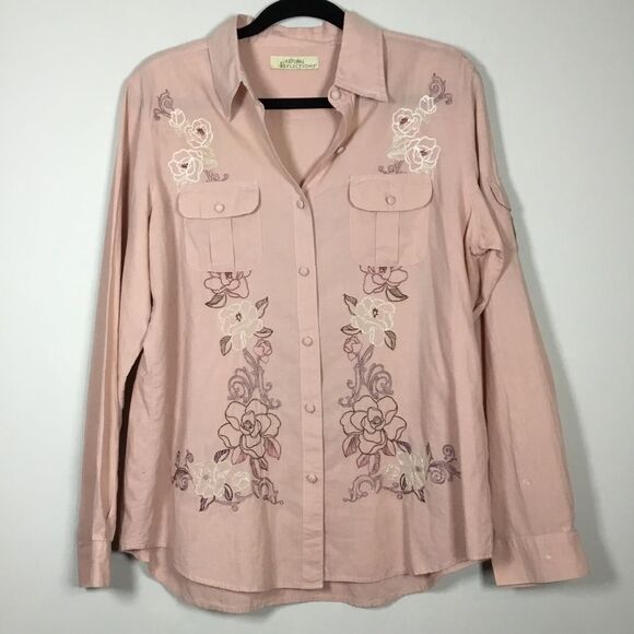 Peachy pink western embroidered shirt fabric covered buttons buttons down size L - Picture 1 of 9